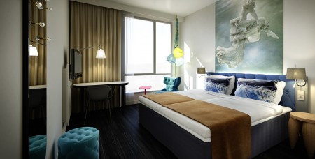 Scandic Fornebu room with Blue water pillows