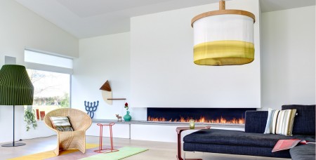 Villa in The Netherlands-Living room with Oak and Silk pendant lamp Abstract Yellow Fade Blue